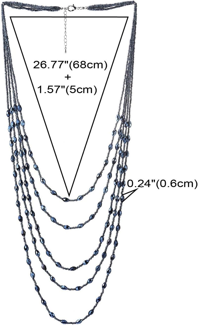 COOLSTEELANDBEYOND Oval Beads Statement Necklace Multi-Strand Long Chains with Crystal Charm Pendant - Image 3